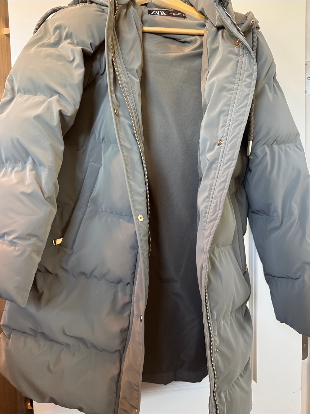 ZARA Light Gray Quilted Puffer Coat with Hood